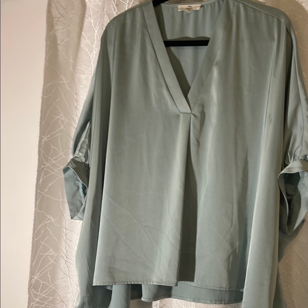 Entro Green Blouse with Mandarin Collar and Relaxed Fit